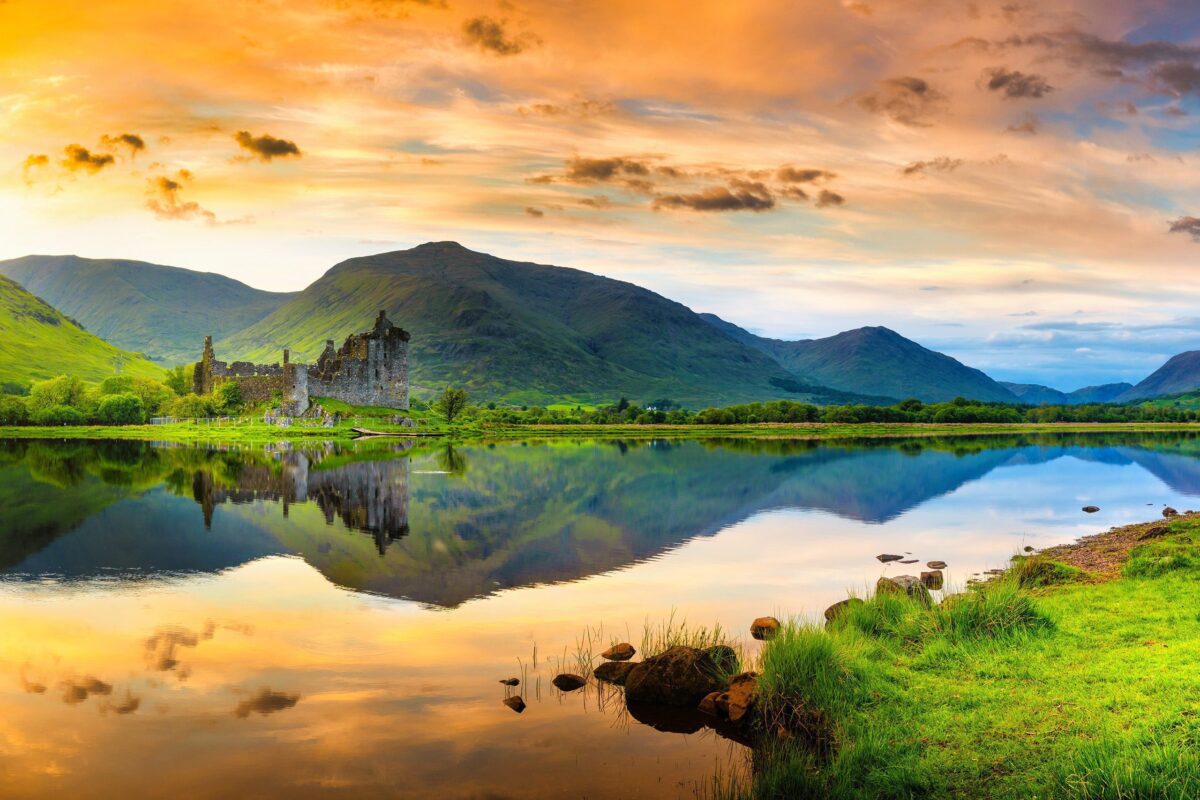 Loch Awe: A breathtaking Scottish freshwater loch surrounded by lush greenery and overlooked by historic ruins.