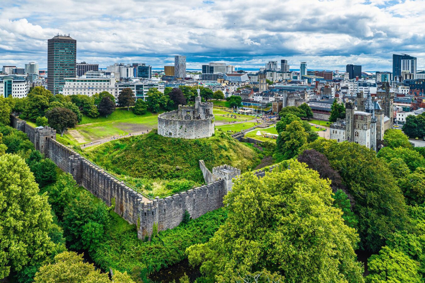 Cardiff Castle from a drone, Cardiff, Wales, England, Europe