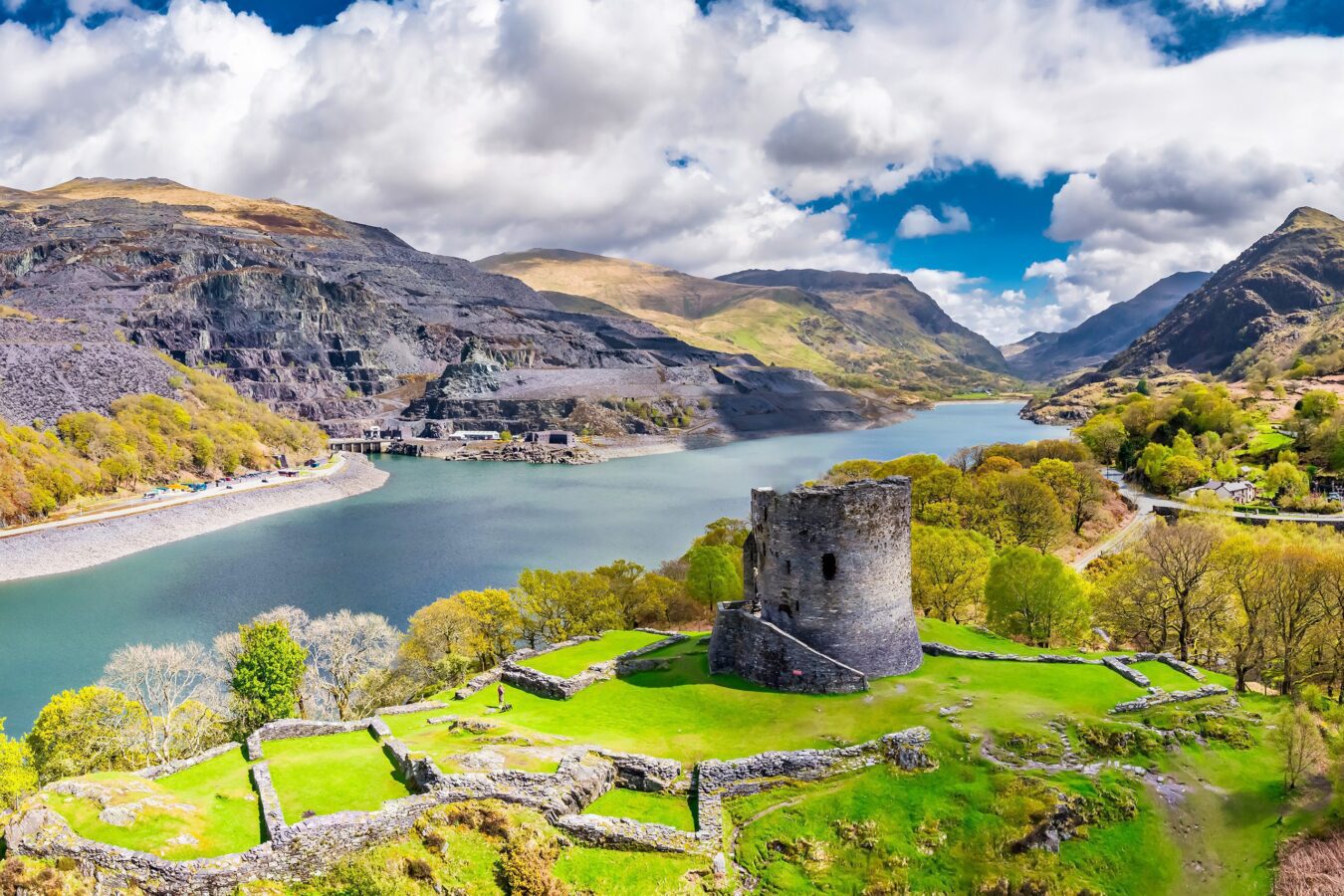 Aerial of Dolbadarn Castle at Llanberis in Snowdonia National Park in Wales